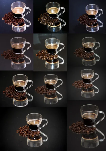 Tazza di caffè mosaico e chicchi di caffè su uno specchio — Foto Stock