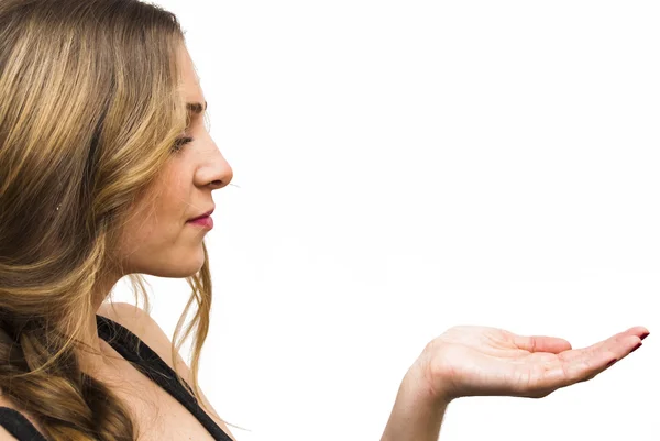 Mooie vrouw met zijn open hand — Stockfoto