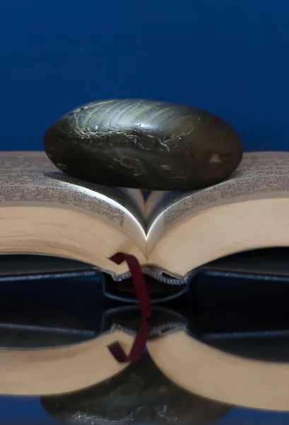Libro abierto con una sola piedra en él — Foto de Stock