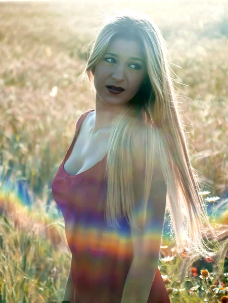 Hermosa mujer rubia en un campo de trigo al atardecer — Foto de Stock