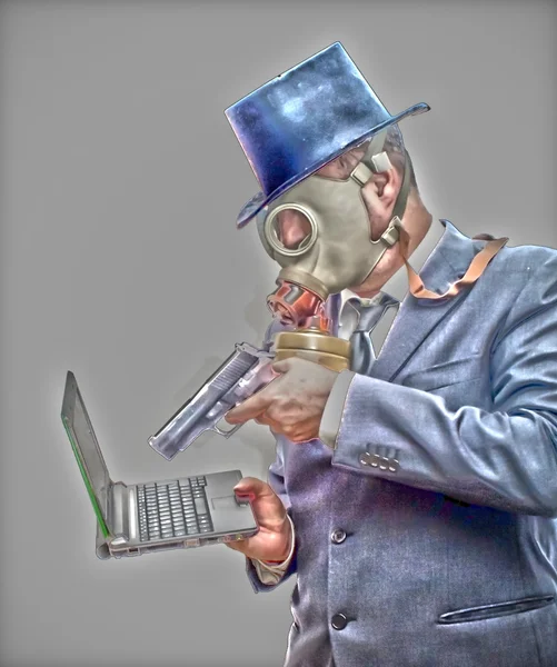 Businessman with gas mask and with a hat that is pointing with a — Stock Photo, Image