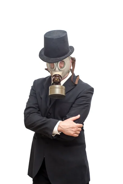 Affärsman med gasmask och med en hatt — Stockfoto