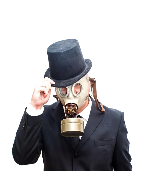 Podnikatel s plynovou masku a s kloboukem — Stock fotografie