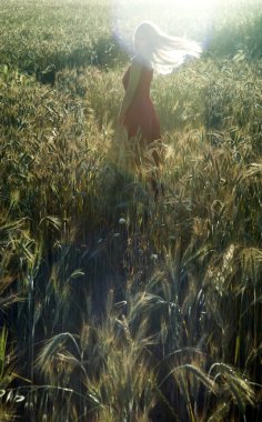 Gün batımında buğday alanında güzel sarışın kadın