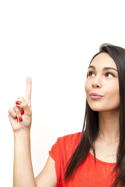Beautiful  Woman pointing her finger up — Stock Photo, Image