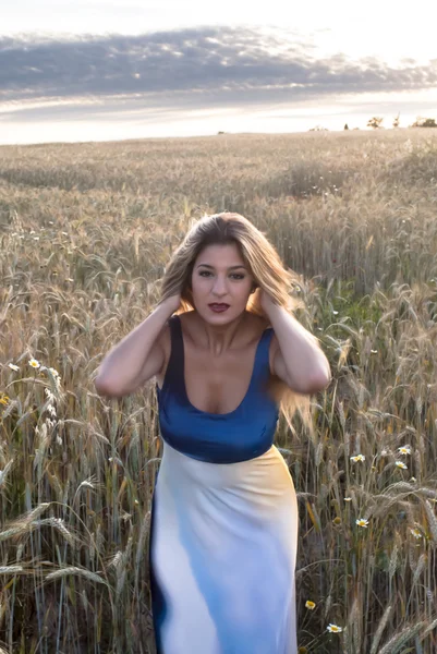 Belle femme blonde dans un champ de blé au coucher du soleil — Photo