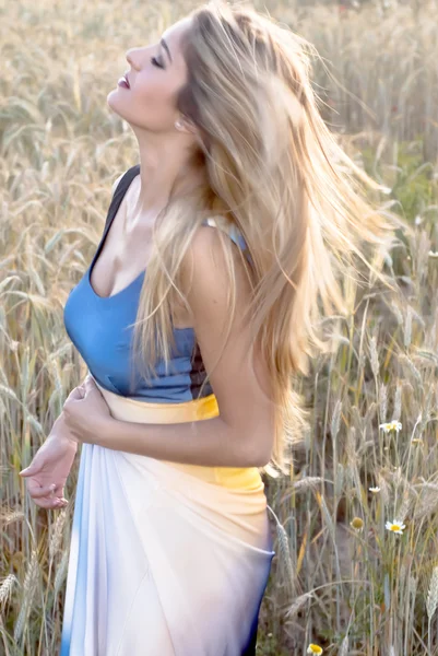 Belle femme blonde dans un champ de blé au coucher du soleil — Photo