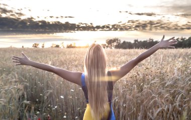 Gün batımında buğday alanında güzel sarışın kadın