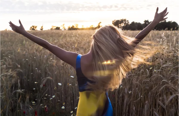 Mulher loira bonita em um campo de trigo ao pôr do sol — Fotografia de Stock