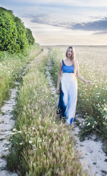 Mooie blonde vrouw in een tarweveld padtekst — Stockfoto