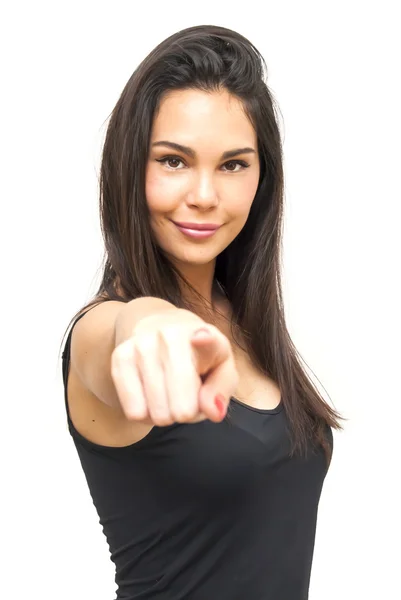 Beautiful  Woman pointing his finger at the front — Stock Photo, Image