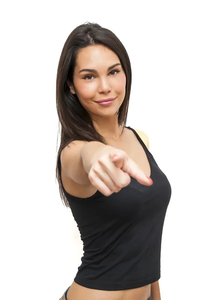 Beautiful  Woman pointing his finger at the front — Stock Photo, Image