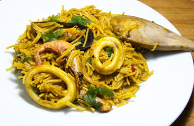 Fideua noodles with seafood, Mediterranean cuisine clipart