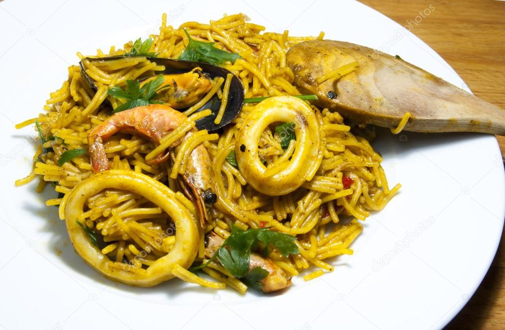 Fideua noodles with seafood, Mediterranean cuisine