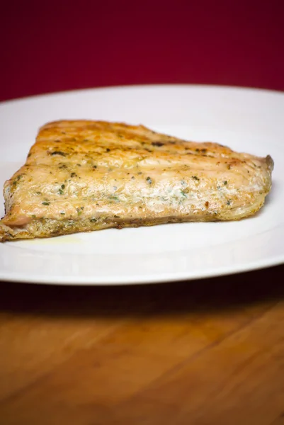 Grilled salmon on a white plate — Stock Photo, Image
