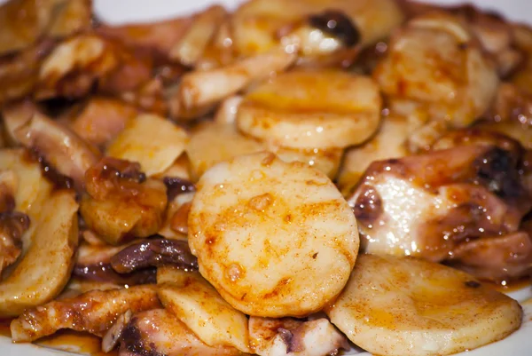 Ahtapot kırmızı biber ve patates beyaz tabakta da bilinen bir — Stok fotoğraf