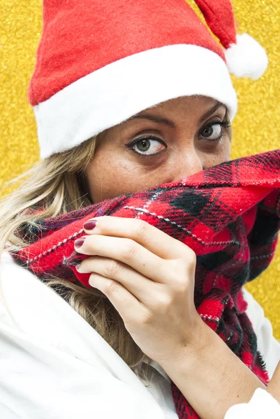 Portrait of Sexy Young Woman With Santa Claus hat and red plaid — Stock Photo, Image