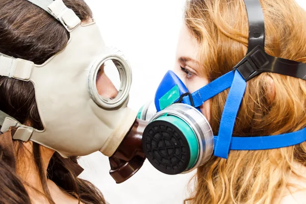 Two beautiful women with gas mask — Stock Photo, Image