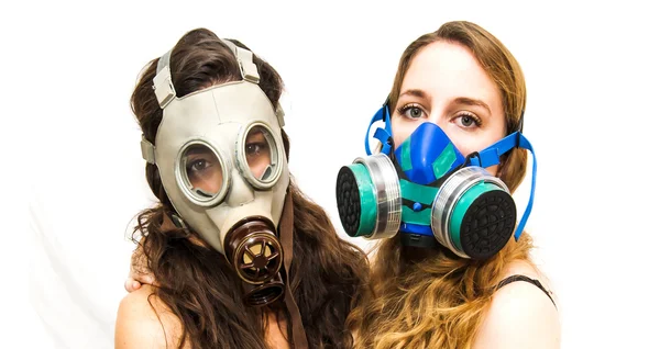 Two beautiful women with gas mask — Stock Photo, Image