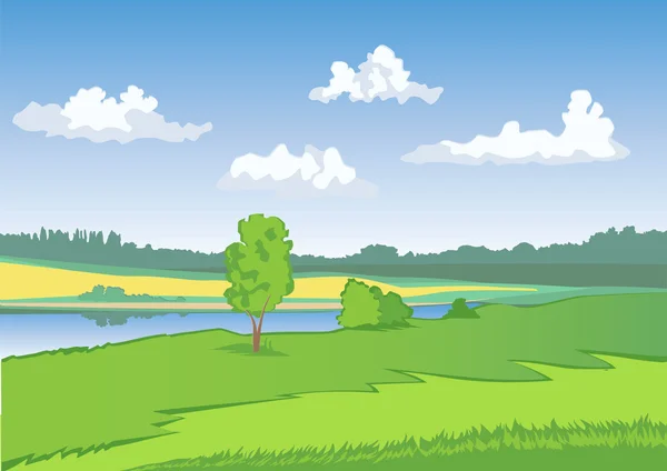 Green meadow with blue sky and white clouds. — Stock Vector