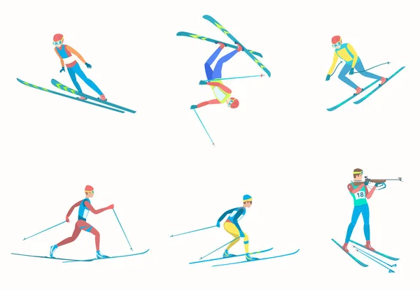 Sada sportovců zimní sporty s lyžemi. — Stockový vektor