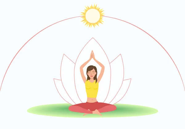 Jonge vrouw op gras doen Lotus Pose Padmasana . — Stockvector