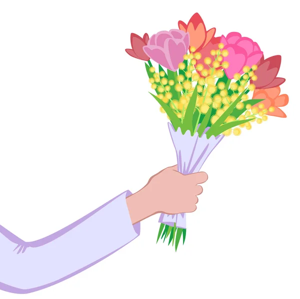 Tulip en mimosa boeket in hand — Stockvector