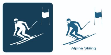 Minimalist Alp Kayak Amblemi. Tam vitesli Alp Kayakçısı, slalom kapılarından aşağı doğru hızla ilerliyor. Logolardan biri kış oyunları seti. İki renk, siyah mavi ve beyaz...