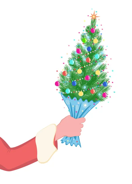 Mini árbol de Navidad en la mano de Santa Claus sobre fondo blanco — Vector de stock