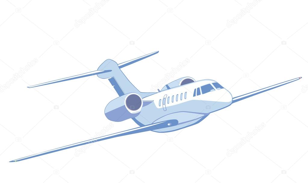 Flying private jet. Isolated on white. Front view.