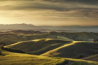 Tuscany Bahar, sunset bulvarında tepeler haddeleme. Kırsal manzara. Yeşil 