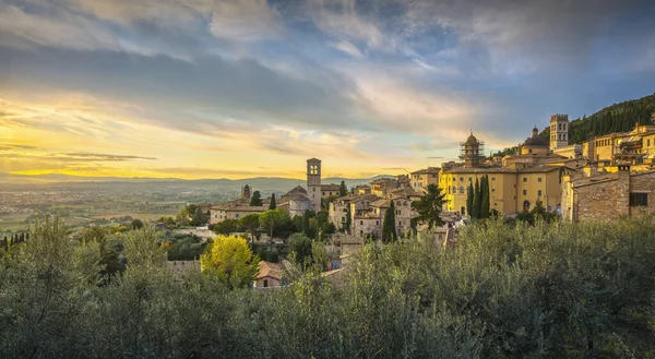 Assisi Stad Panoramisch Uitzicht Bij Zonsondergang Perugia Umbrië Italië Europa — Stockfoto