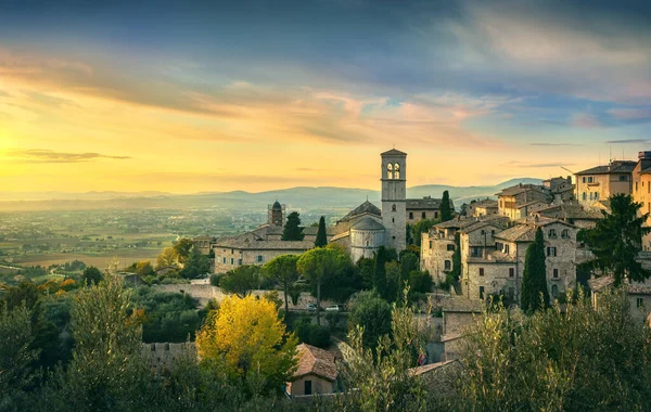 Assisi Stad Panoramautsikt Vid Solnedgången Perugia Umbrien Italien Europa — Stockfoto
