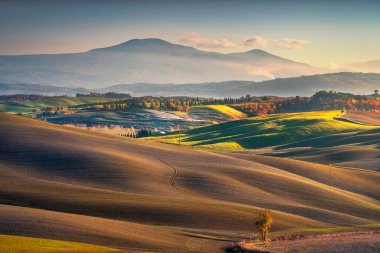 Monteroni d 'Arbia, yuvarlanan tepeler ve Amiata Dağı. Siena, Toskana. İtalya, Avrupa.