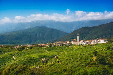 Prosecco Hills, üzüm bağları ve San Pietro di Barbozza köyü. Unesco Sitesi. Valdobbiadene, Treviso, Veneto, İtalya, Avrupa.