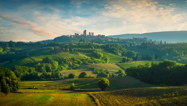 Panoramic View Countryside Chianti Vernaccia Vineyards San Gimignano Sunset Tuscany — Stock Photo, Image