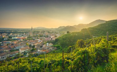 Albay San Martino, üzüm bağları ve gün batımında köy. Prosecco Hills, Unesco Dünya Mirası Bölgesi. Farra di Soligo, Veneto, İtalya, Avrupa.