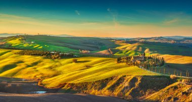 Gün batımında Toskana manzarası, yuvarlanan tepeler, ağaçlar ve yeşil alanlar. Ascanio, Siena, İtalya, Avrupa