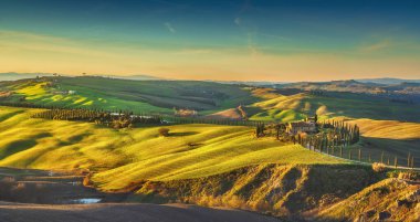 Tuscany landscape at sunset, rolling hills, trees, and green fields. Asciano, Siena, Italy, Europe clipart