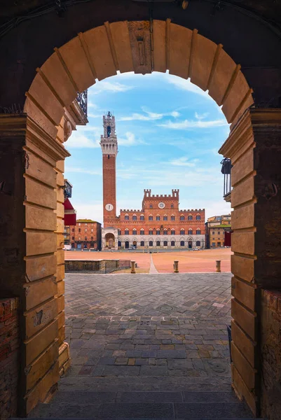 Siena Praça Piazza Del Campo Torre Del Mangia Edifício Palazzo — Fotografia de Stock