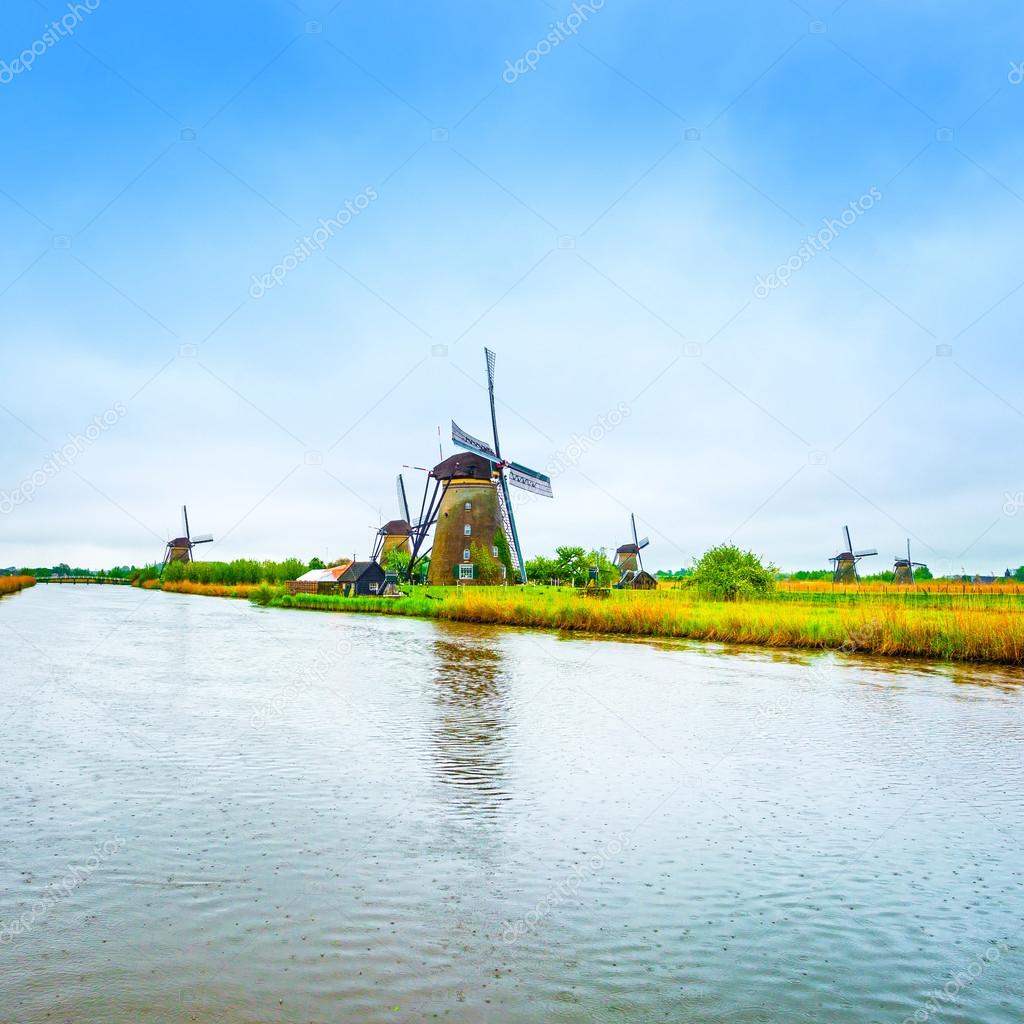 Windmills and canal in Kinderdijk, Holland or Netherlands. Unesc