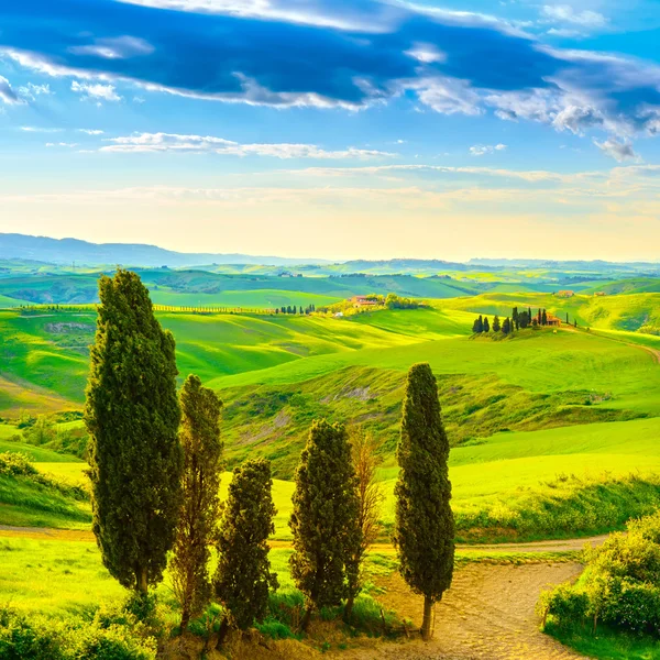 Toscana, paesaggio rurale al tramonto. Fattoria di campagna, strada bianca e — Foto Stock