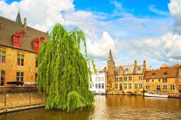 Bruges veya brugge, rozenhoedkaai su kanal manzaralı. Belçika. — Stok fotoğraf