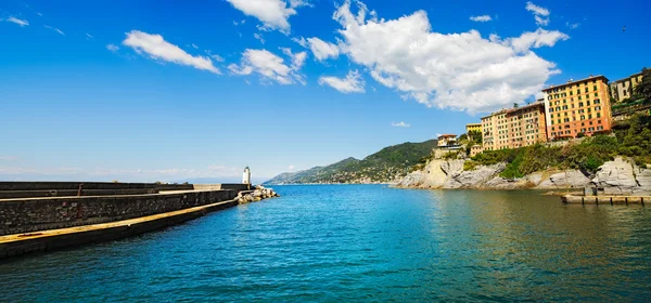 Camogli marina ingang van de haven en de vuurtoren. Ligury, Italië — Stockfoto
