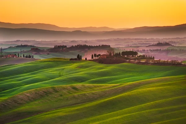 Kréta Senesi, zvlněné kopce při západu slunce — Stock fotografie