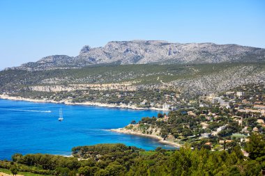 Cassis Körfezi ve deniz. Cote Azur, Provence, Fransa.