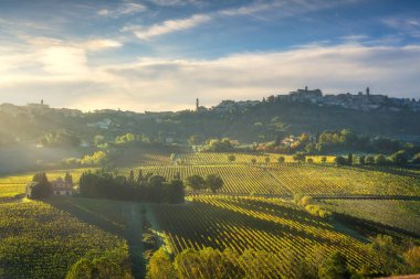 İtalya 'nın Toskana kentindeki tarihi Montepulciano kasabasının manzarası. Ortaçağ silueti ve üzüm bağları güneşin yumuşak, altın ışığıyla yıkanır..
