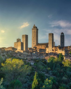 San Gimignano 'nun ortaçağ kulelerinin dikey görüntüsü gün batımının altın ışığında yıkandı. Tarihi tepe kasabası yemyeşil yamaçların ve zeytin ağaçlarının üzerinde yükselir, Toskana, İtalya