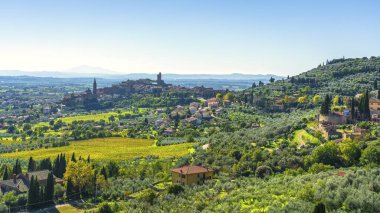Val di Chiana, Toskana, İtalya 'nın panoramik manzarası zeytin ve üzüm bağlarıyla kaplı yuvarlanan tepelerin egemenliğinde. Castiglion Fiorentino köyü uzak yamaçta yer alır.
