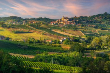 Monferrato, Langhe ve Roero bölgesinin yuvarlanan tepelerinin panoramik manzarası, Piedmont, İtalya. Montegrosso d 'Asti' ye kadar uzanan üzüm bağları ve tarım arazileri ön plana hakim.